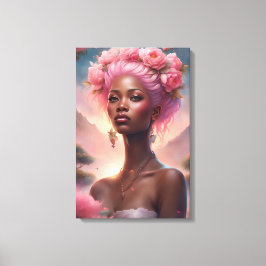 ピンクの花園の黒人女性 キャンバスプリント