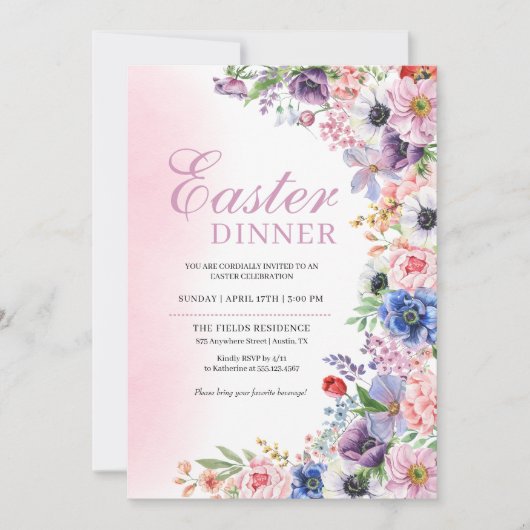 ピンクの花園 春のイースター ディナー 招待状 (正面)
