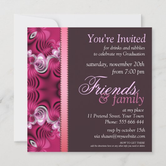 ピンクの花型女性歌手のフラクタルのレースの卒業のパーティの招待状 招待状 (裏面)