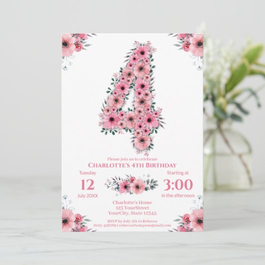 ピンクの花大きな4歳の誕生日ガールグリーン葉 招待状 (スタンド正面)