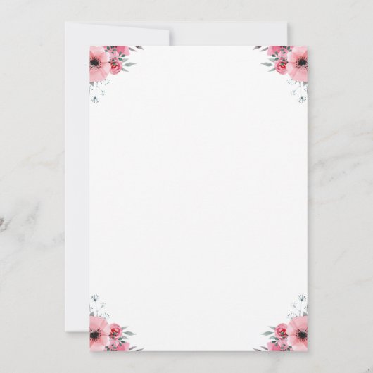 ピンクの花大きな4歳の誕生日ガールグリーン葉 招待状 (裏面)