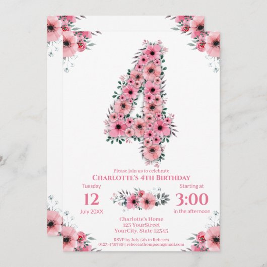 ピンクの花大きな4歳の誕生日ガールグリーン葉 招待状 (正面/裏面)