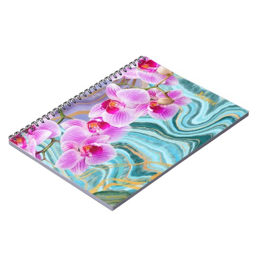 ピンクの花大理石アクアパープルパーソナライズされた ノートブック (左側)