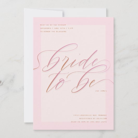 ピンクの花嫁がテーマのモダンスクリプトの結婚前お祝い会 招待状 (正面)