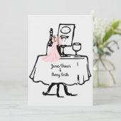 ピンクの花嫁と新郎のテーブル　ブラック＆ホワイトの結婚式 招待状 (スタンド正面)