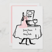 ピンクの花嫁と新郎のテーブル　ブラック＆ホワイトの結婚式 招待状 (正面/裏面)