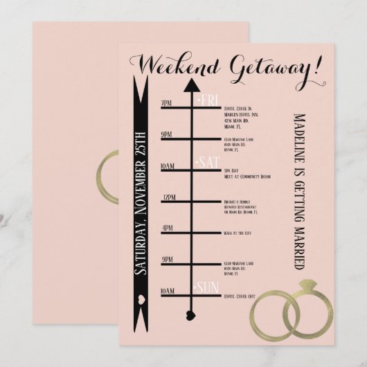 ピンクの花嫁の週末旅行用ホイルリング 招待状 (正面/裏面)