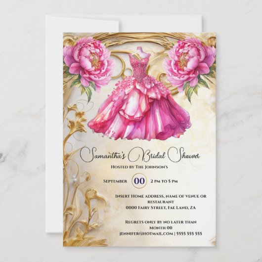 ピンクの花嫁はフローラのボールガウン牡丹の花になる 招待状 (正面)