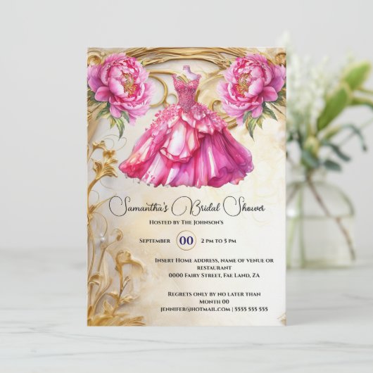 ピンクの花嫁はフローラのボールガウン牡丹の花になる 招待状 (スタンド正面)