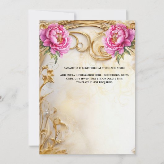 ピンクの花嫁はフローラのボールガウン牡丹の花になる 招待状 (裏面)