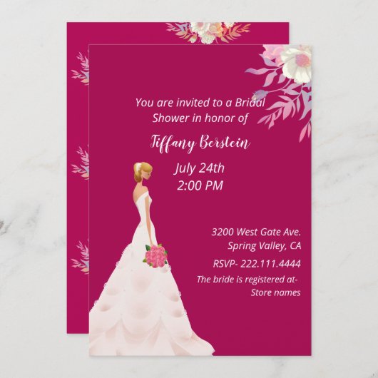 ピンクの花嫁ブライダルシャワーの招待 招待状 (正面/裏面)