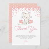 ピンクの花子猫ガールベビーシャワー サンキューカード (正面/裏面)