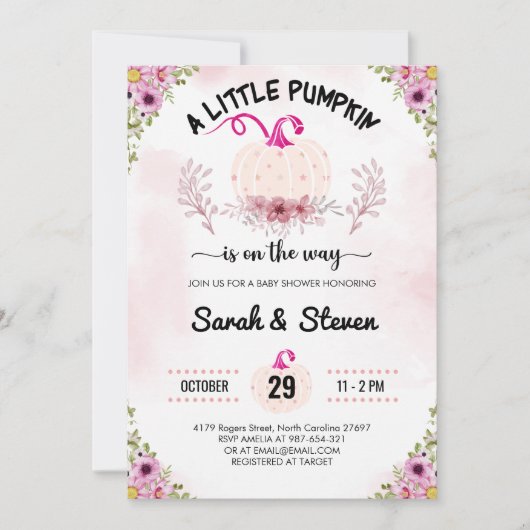 ピンクの花小さなかぼちゃ赤ちゃんガールシャワー 招待状 (正面)