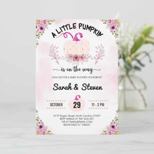 ピンクの花小さなかぼちゃ赤ちゃんガールシャワー 招待状 (スタンド正面)