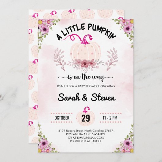ピンクの花小さなかぼちゃ赤ちゃんガールシャワー 招待状 (正面/裏面)