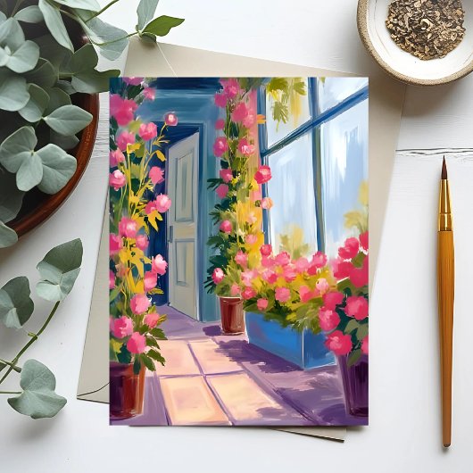 ピンクの花屋のバラの花の絵画 ポストカード