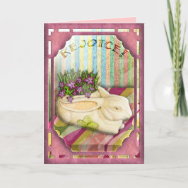 ピンクの花屋店の窓のイースターのウサギプランター シーズンカード