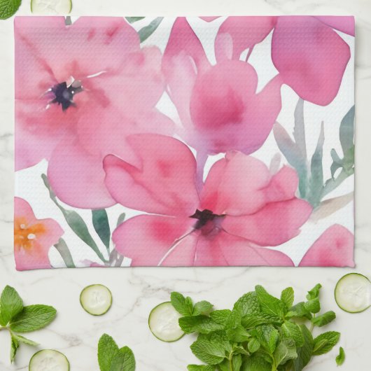 ピンクの花弁 | 水彩花の描かれたお花 キッチンタオル (折り畳み)
