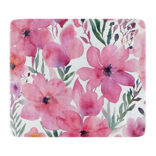 ピンクの花弁 | 水彩花の描かれた花 カッティングボード (正面)