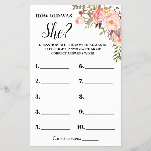 ピンクの花彼女の赤ちゃんシャワーのゲームカード チラシ (正面)