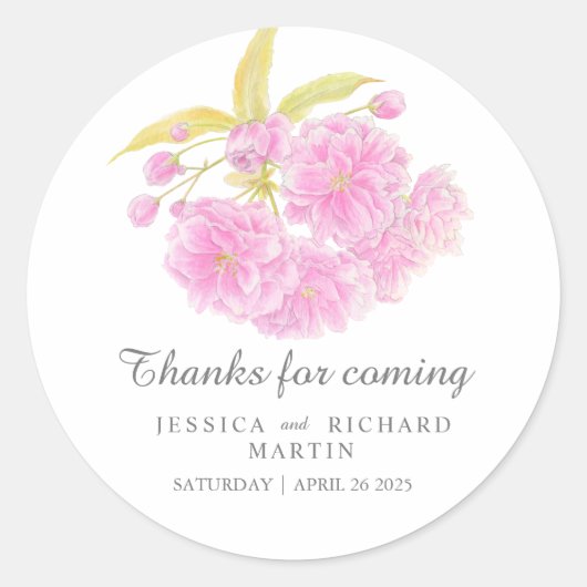 ピンクの花感謝していの春の結婚ステッカー ラウンドシール (正面)
