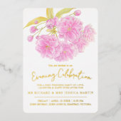 ピンクの花春夕べお祝い金ゴールド 箔招待状 (正面)