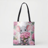 ピンクの花束を持ったネズミ トートバッグ (正面)