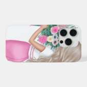 ピンクの花束を持つおしゃれな女性 iPhoneケース (裏面横)