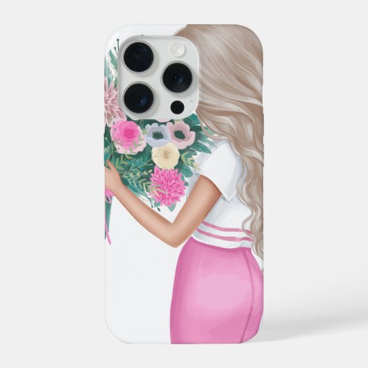 ピンクの花束を持つおしゃれな女性 iPhoneケース (裏面)