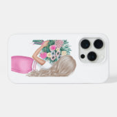 ピンクの花束を持つおしゃれな女性 iPhoneケース (裏面横)