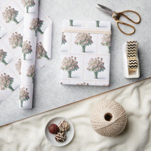 ピンクの花束ベビー足 ラッピングペーパー (クラフト)