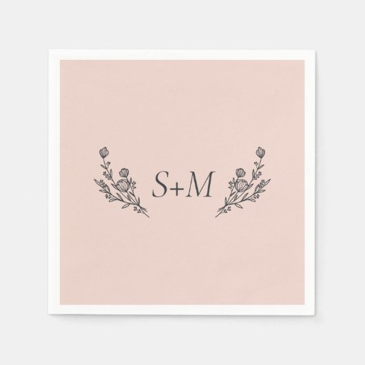 ピンクの花束 葉のモノグラム 結婚式 スタンダードカクテルナプキン (正面)