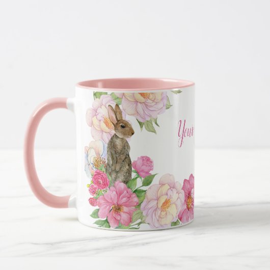 ピンクの花柄うさぎ マグカップ (左)