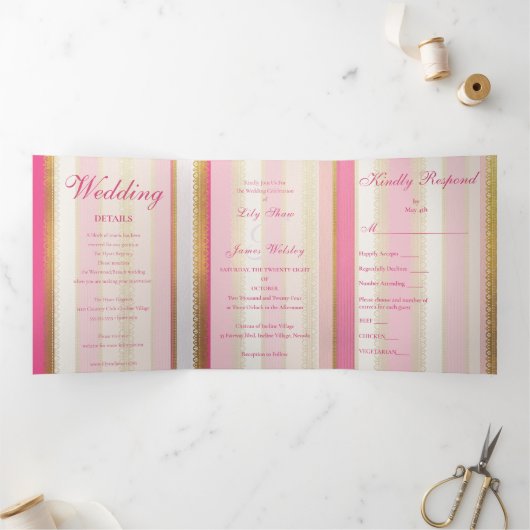 ピンクの花柄が優雅なレジデンシー時代のウェディング 三つ折り招待状 (内部)