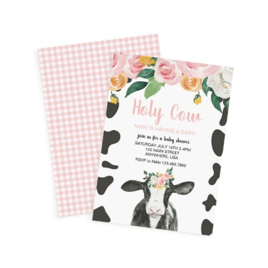 ピンクの花柄が可愛い「Holy Cow」ベビーシャワー 招待状