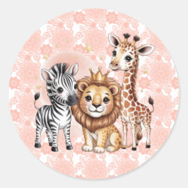 ピンクの花柄とかわいいサファリ動物 ラウンドシール