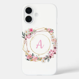 ピンクの花柄とゴールドの幾何学模様のスマホケース iPhone 16ケース