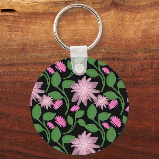 ピンクの花柄と緑の葉 キーホルダー (正面)