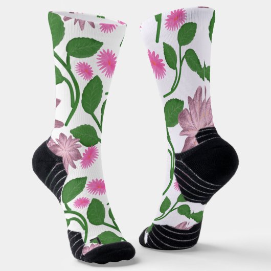 ピンクの花柄と緑の葉 ソックス (傾斜あり)