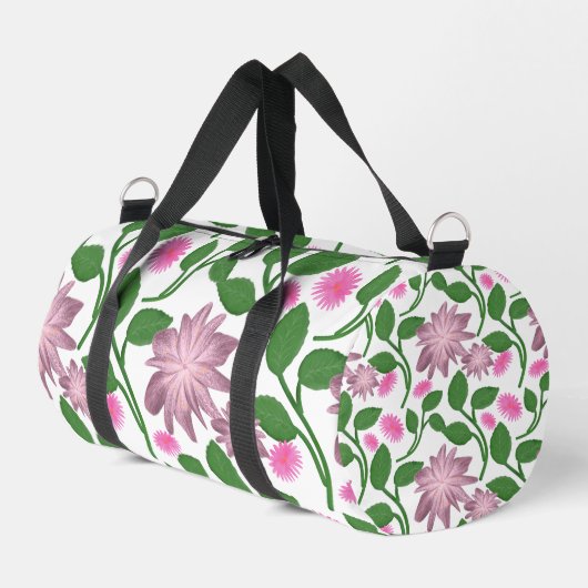 ピンクの花柄と緑の葉 ダッフルバッグ (左コーナー)