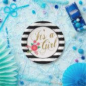 ピンクの花柄のエレガントな白黒ストライプ ペーパープレート (パーティー)