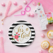 ピンクの花柄のエレガントな白黒ストライプ ペーパープレート (パーティー)