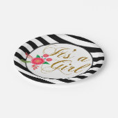 ピンクの花柄のエレガントな白黒ストライプ ペーパープレート (アングル)