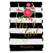 ピンクの花柄のエレガントな白黒ストライプ ミディアムペーパーバッグ (正面)