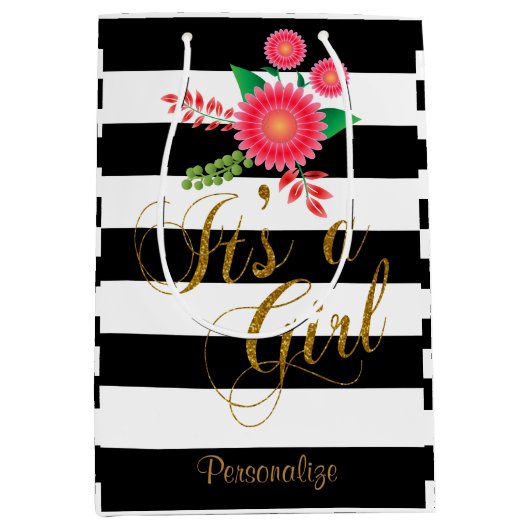 ピンクの花柄のエレガントな白黒ストライプ ミディアムペーパーバッグ (正面)