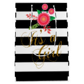 ピンクの花柄のエレガントな白黒ストライプ ミディアムペーパーバッグ (裏面)