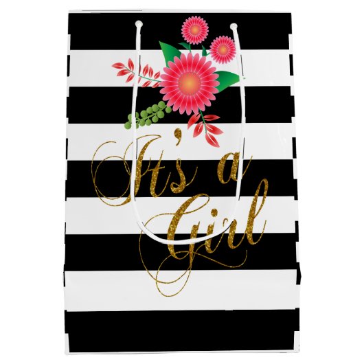 ピンクの花柄のエレガントな白黒ストライプ ミディアムペーパーバッグ (裏面)