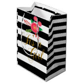 ピンクの花柄のエレガントな白黒ストライプ ミディアムペーパーバッグ (裏面アングル)