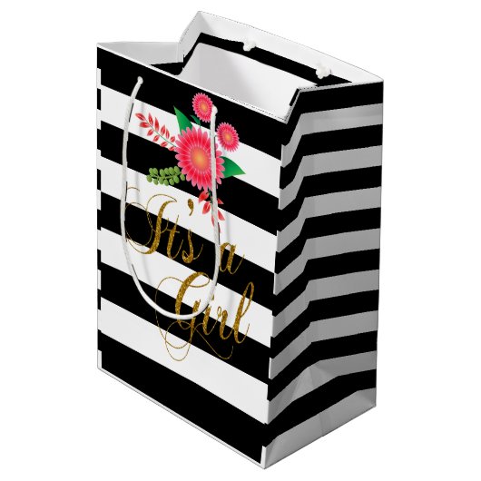 ピンクの花柄のエレガントな白黒ストライプ ミディアムペーパーバッグ (裏面アングル)