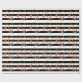 ピンクの花柄のエレガントな白黒ストライプ ラッピングペーパー (フラット)